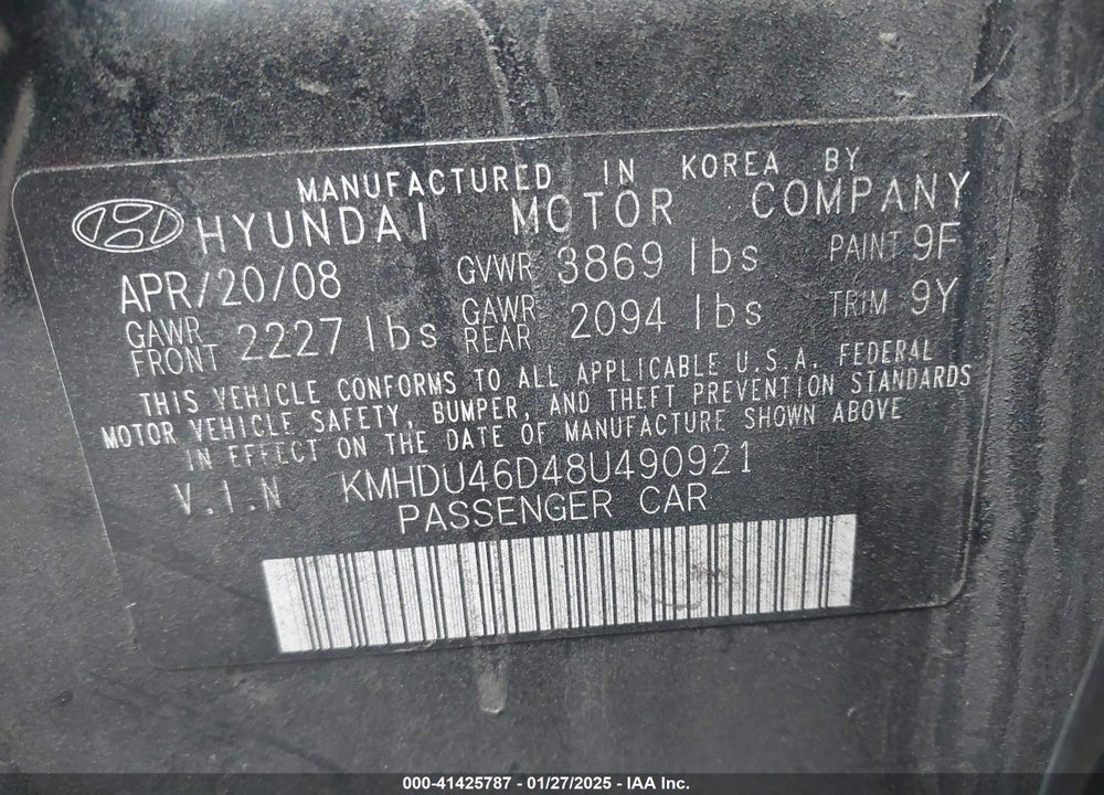 2008 HYUNDAI ELANTRA GLS/SE/LIMITED VIN: KMHDU46D48U490921