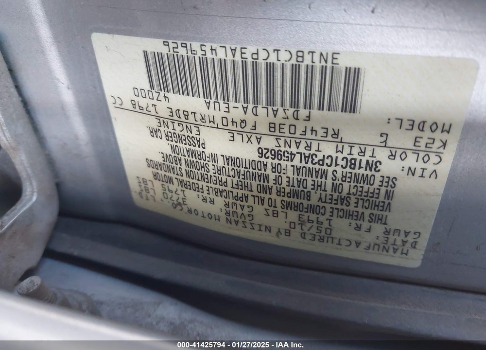 2010 NISSAN VERSA VIN: 3N1BC1CP3AL459626
