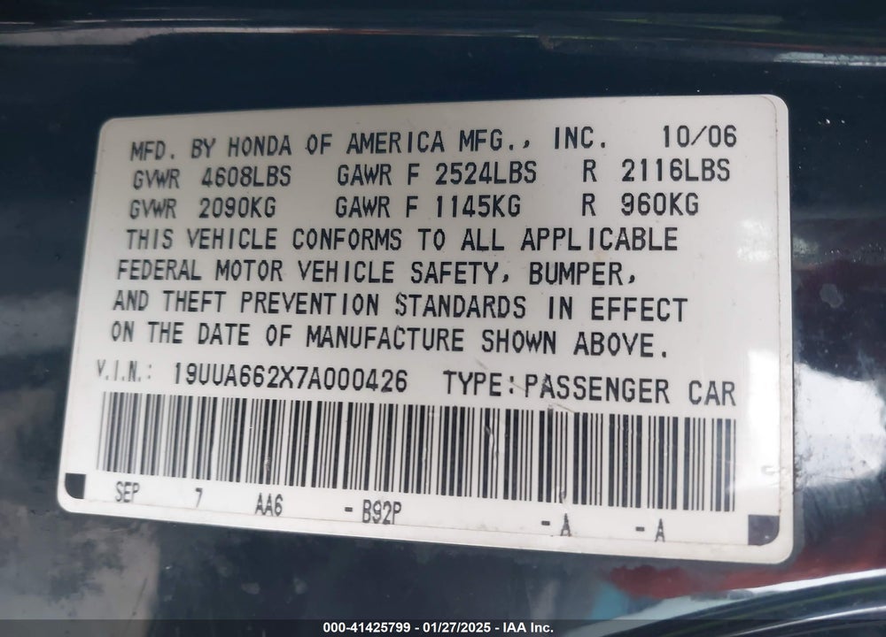 2007 ACURA TL VIN: 19UUA662X7A000426
