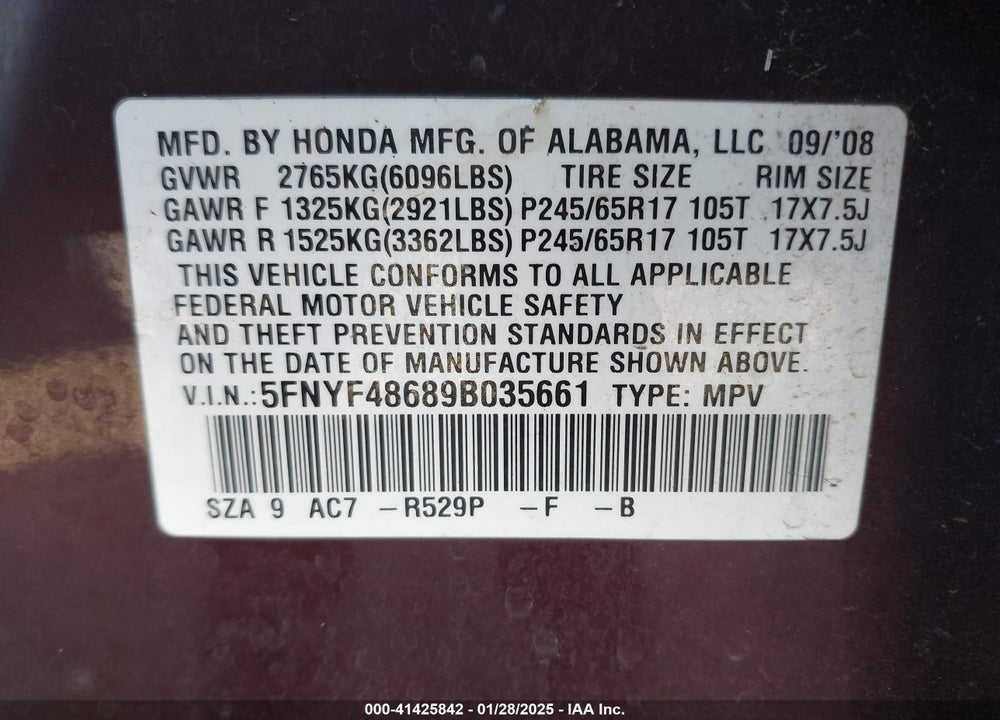2009 HONDA PILOT EXL VIN: 5FNYF48689B035661