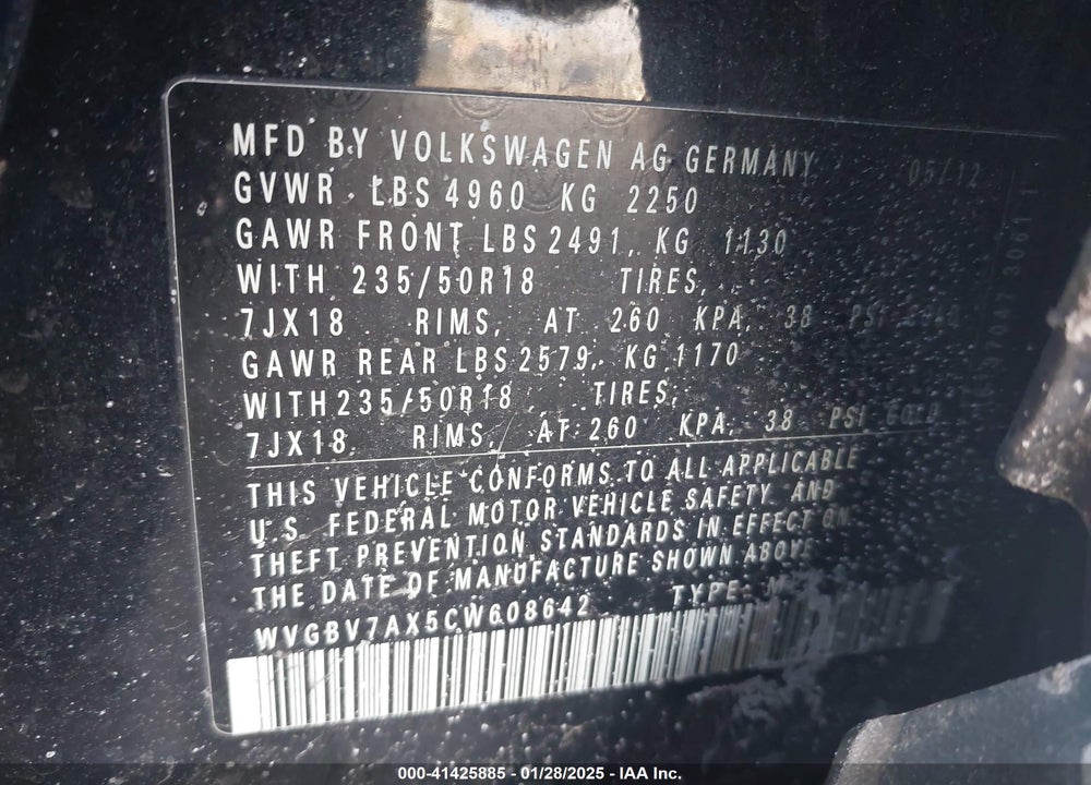 2012 VOLKSWAGEN TIGUAN VIN: WVGBV7AX5CW608642