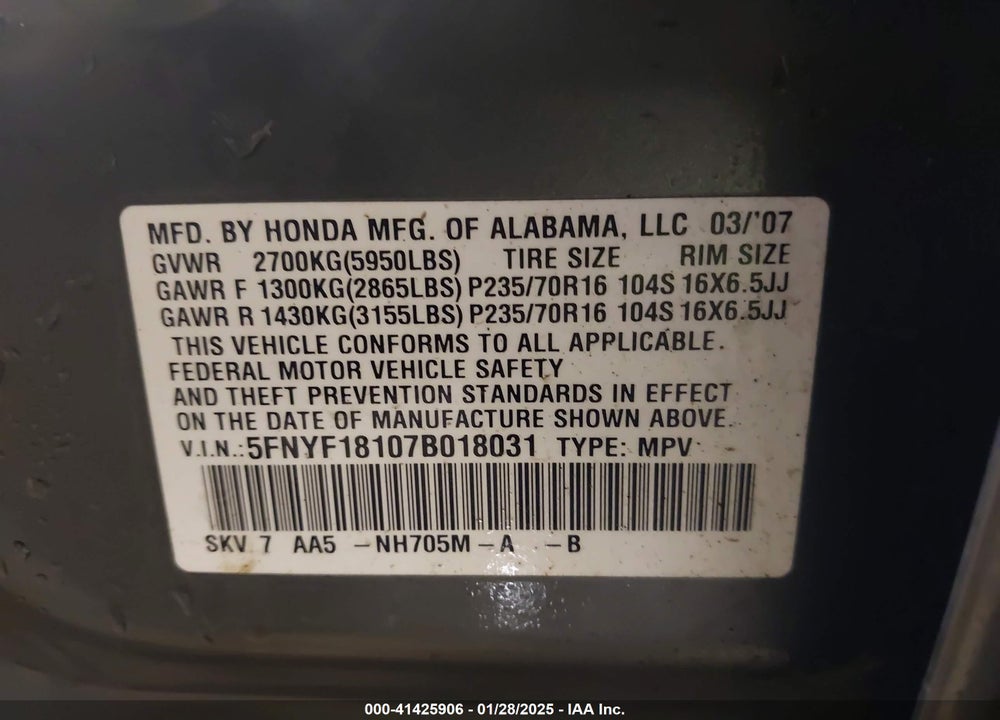 2007 HONDA PILOT LX VIN: 5FNYF18107B018031