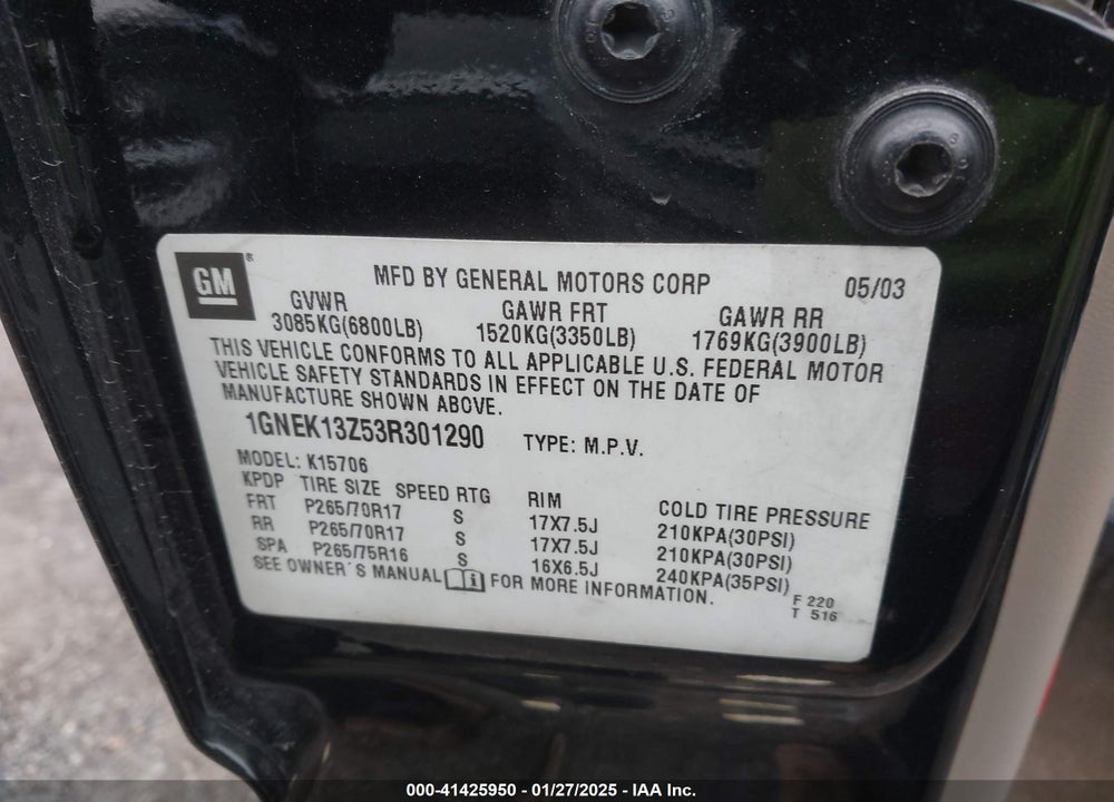 2003 CHEVROLET TAHOE Z71 VIN: 1GNEK13Z53R301290