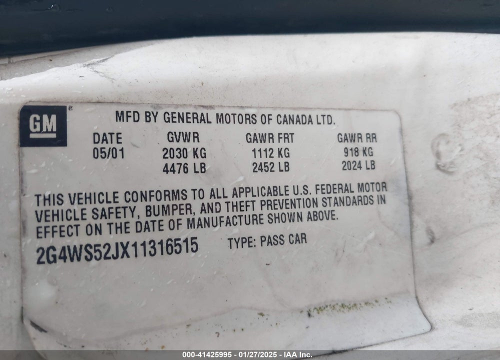 2001 BUICK CENTURY CUSTOM VIN: 2G4WS52JX11316515