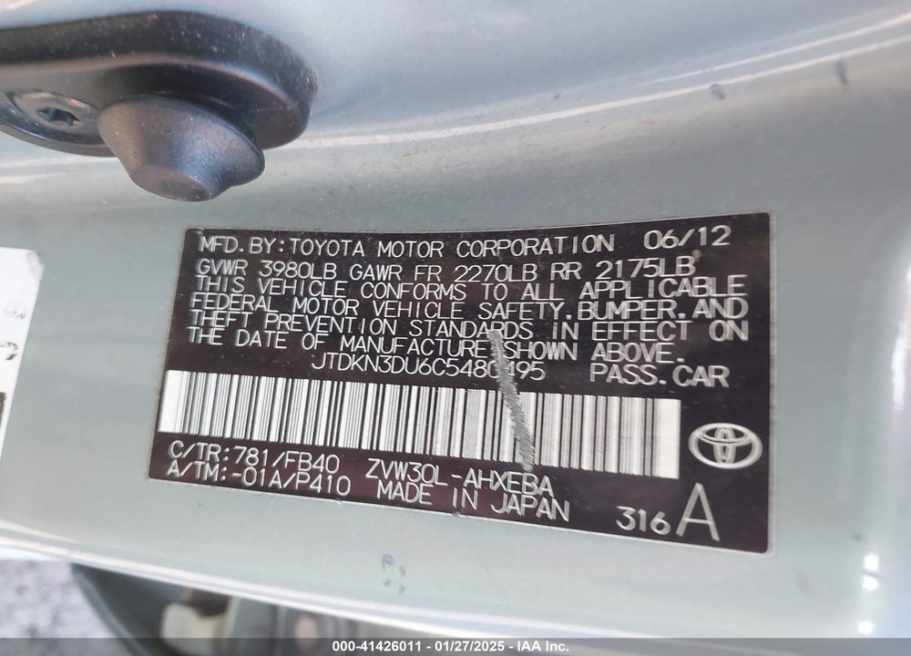 2012 TOYOTA PRIUS VIN: JTDKN3DU6C5480495