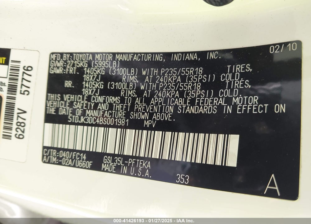 2011 TOYOTA SIENNA LE VIN: 5TDJK3DC4BS001981