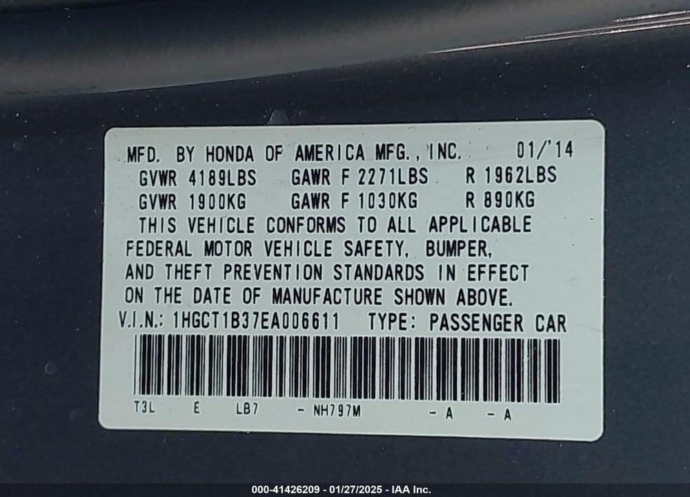 2014 HONDA ACCORD VIN: 1HGCT1B37EA006611