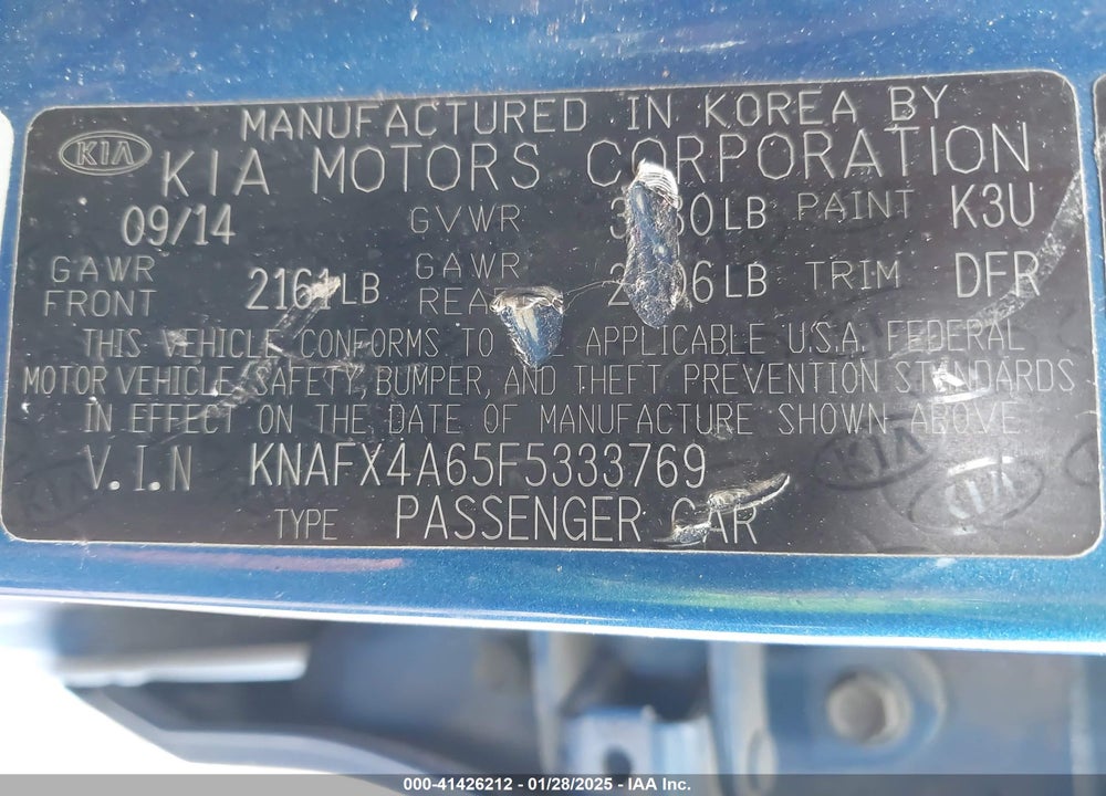 2015 KIA FORTE VIN: KNAFX4A65F5333769