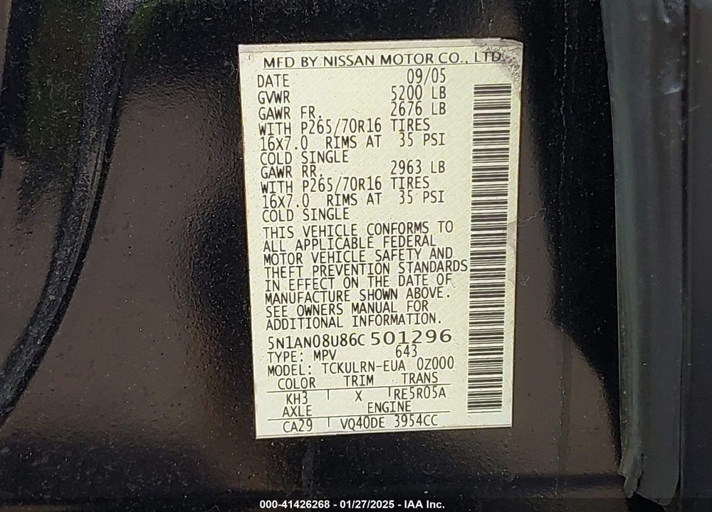 2006 NISSAN XTERRA S VIN: 5N1AN08U86C501296