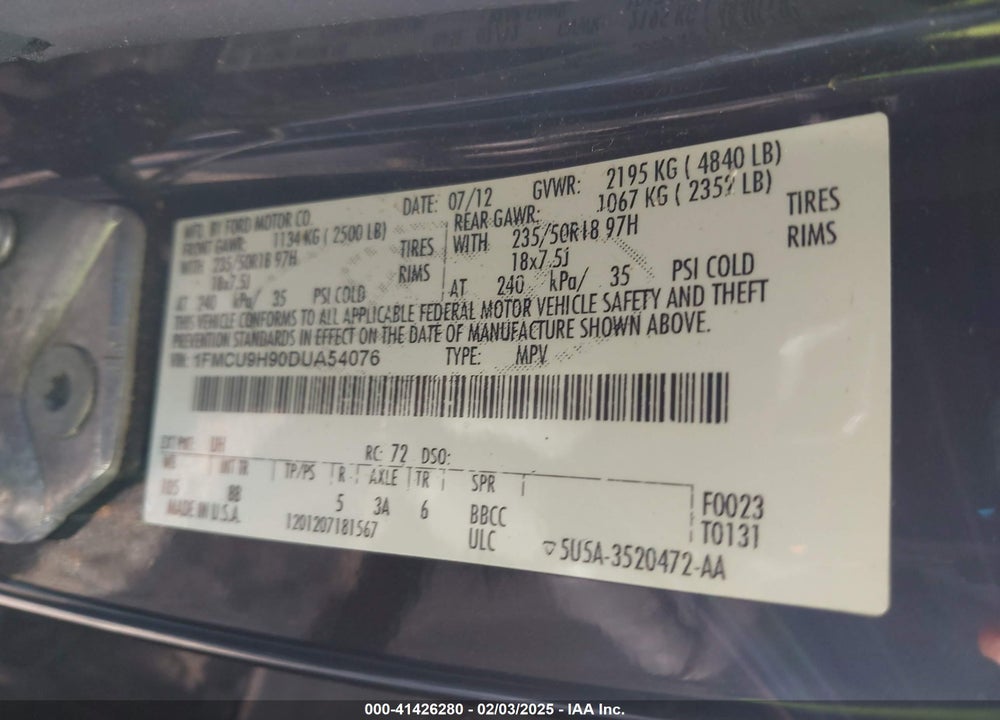 2013 FORD ESCAPE SEL VIN: 1FMCU9H90DUA54076
