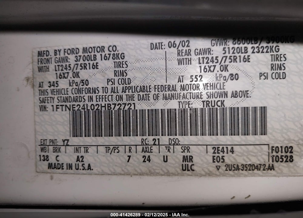 2002 FORD ECONOLINE COMMERCIAL/RECREATIONAL VIN: 1FTNE24L02HB72721