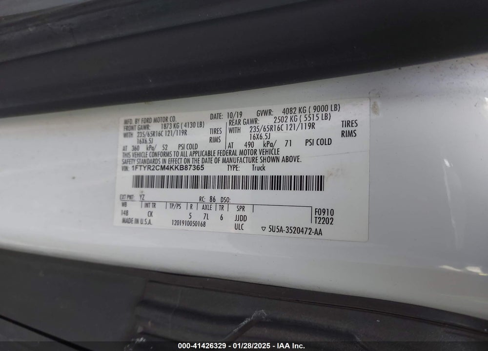 2019 FORD TRANSIT-250 VIN: 1FTYR2CM4KKB87365