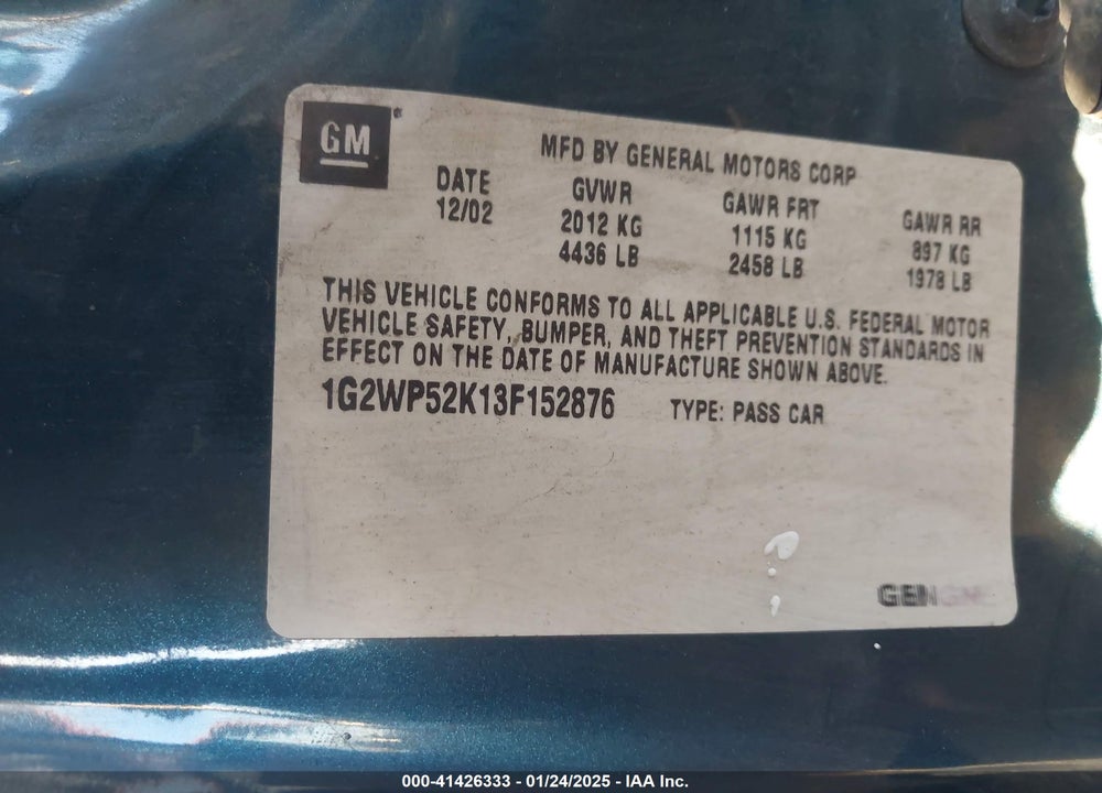 2003 PONTIAC GRAND PRIX VIN: 1G2WP52K13F152876