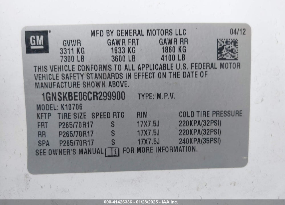 2012 CHEVROLET TAHOE LT VIN: 1GNSKBE06CR299900