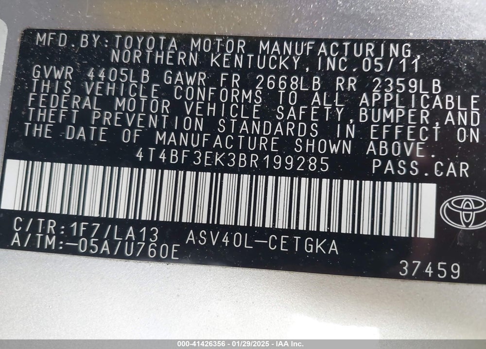 2011 TOYOTA CAMRY XLE VIN: 4T4BF3EK3BR199285