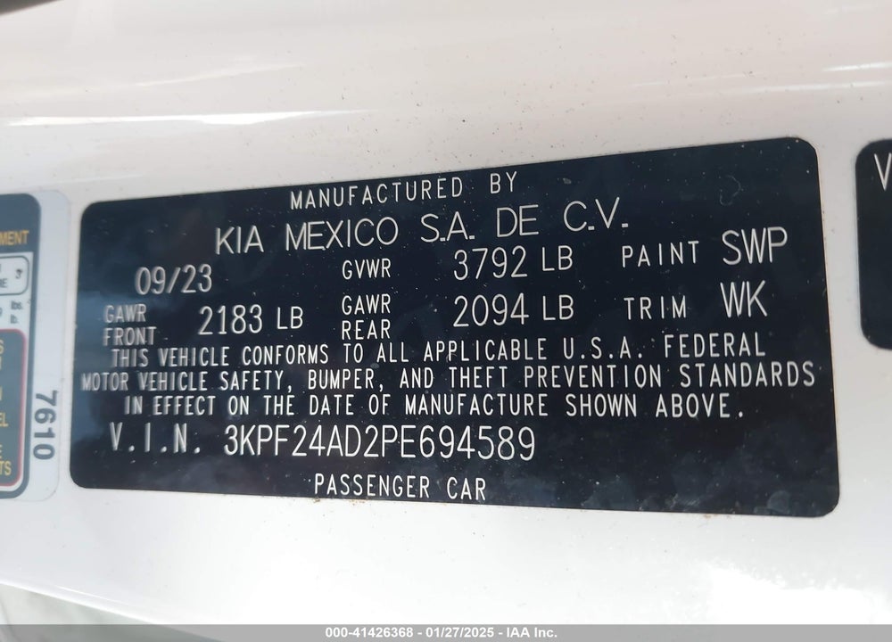 2023 KIA FORTE VIN: 3KPF24AD2PE694589