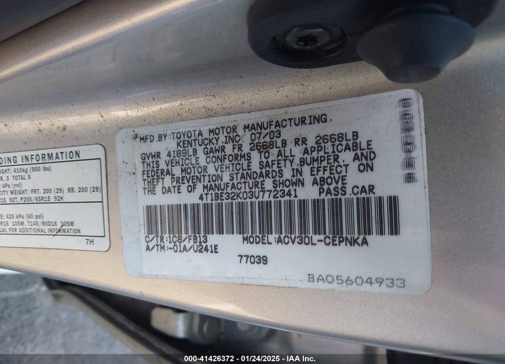 2003 TOYOTA CAMRY LE VIN: 4T1BE32K03U772341