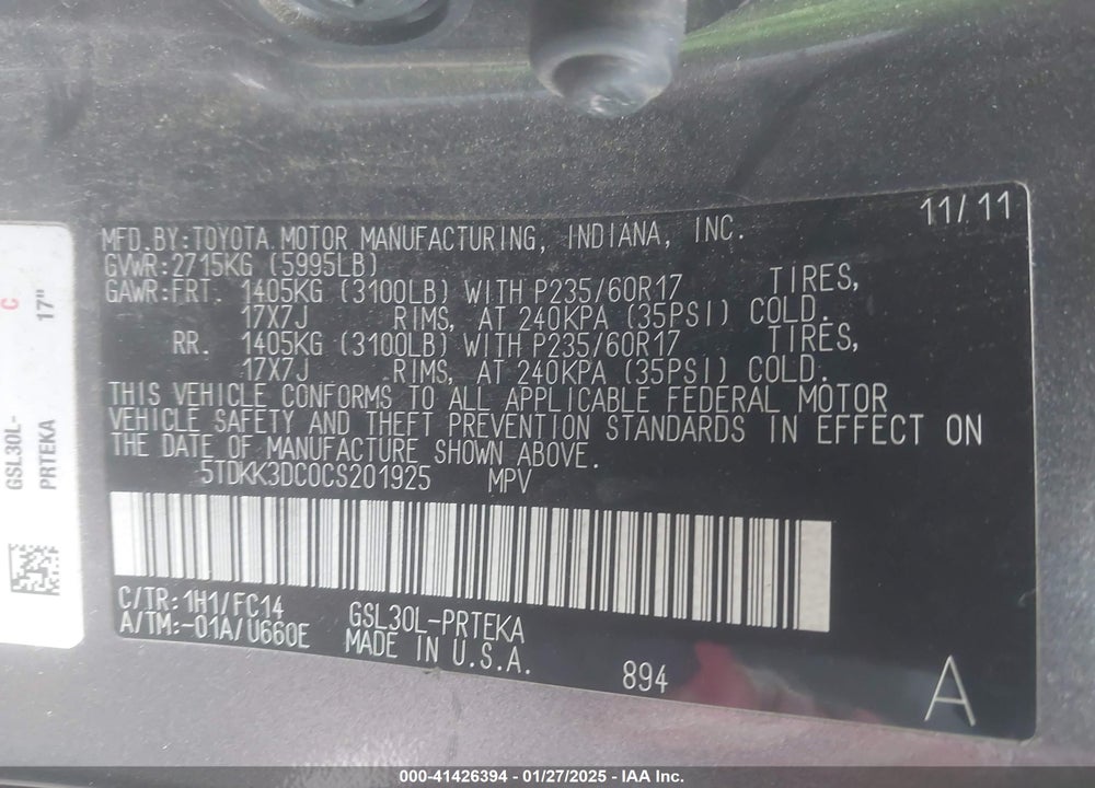 2012 TOYOTA SIENNA LE V6 8 PASSENGER VIN: 5TDKK3DC0CS201925