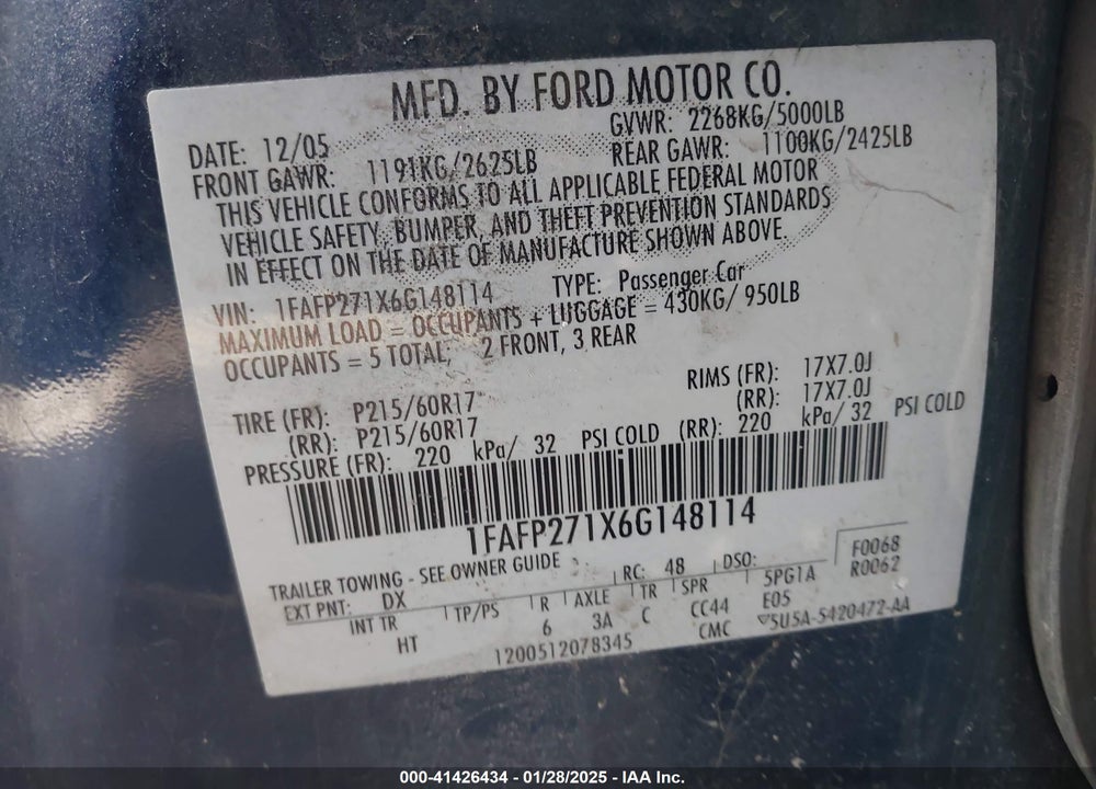 2006 FORD FIVE HUNDRED VIN: 1FAFP271X6G148114