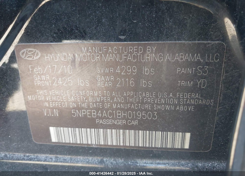 2011 HYUNDAI SONATA GLS VIN: 5NPEB4AC1BH019503