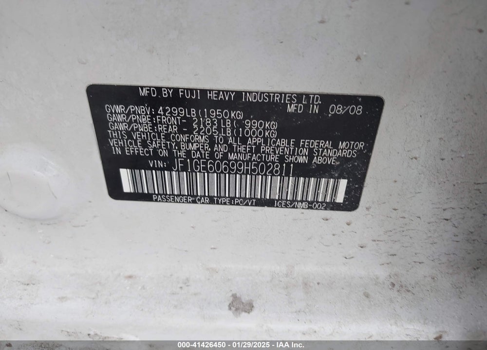 2009 SUBARU IMPREZA 2.5I VIN: JF1GE60699H502811