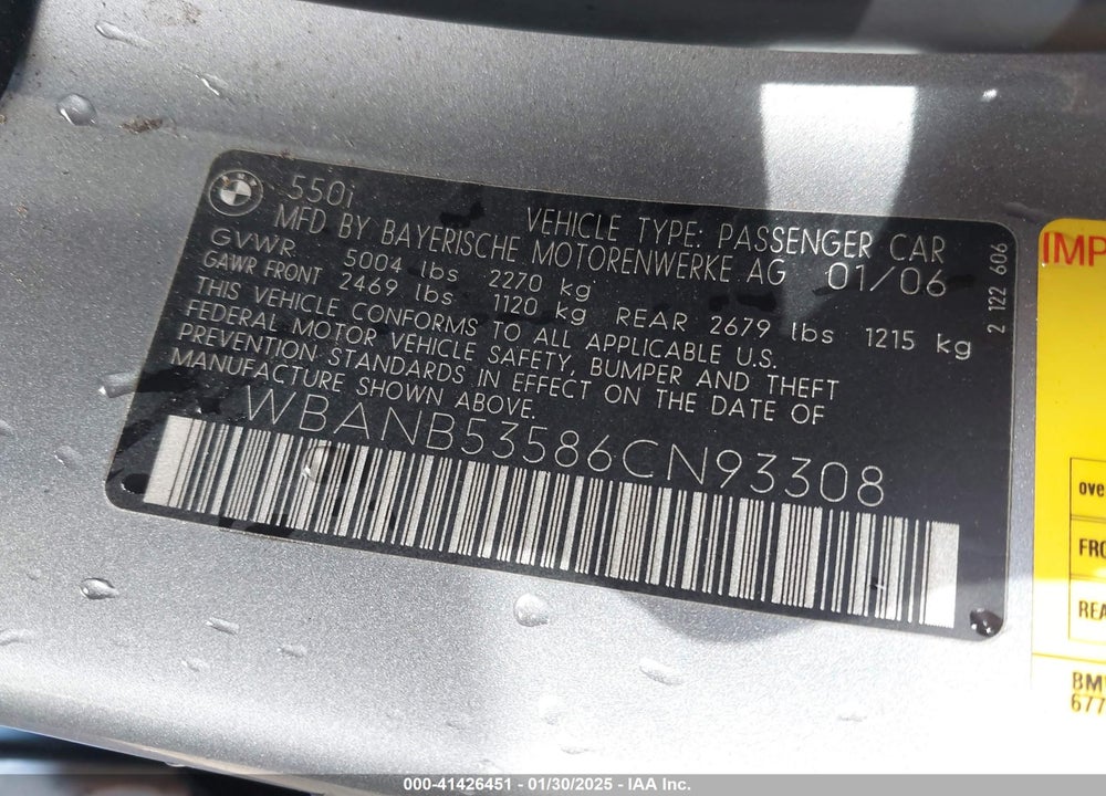 2006 BMW 550I VIN: WBANB53586CN93308