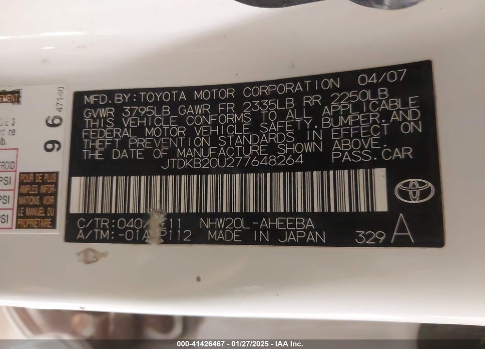 2007 TOYOTA PRIUS TOURING VIN: JTDKB20U277648264