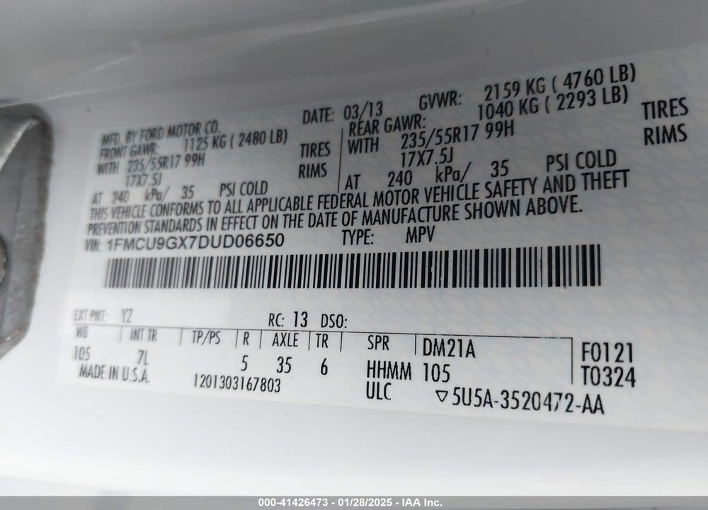 2013 FORD ESCAPE VIN: 1FMCU9GX7DUD06650