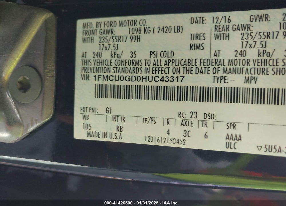 2017 FORD ESCAPE SE VIN: 1FMCU0GD0HUC43317
