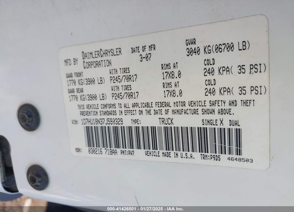 2007 DODGE RAM 1500 VIN: 1D7HU18N37J590329