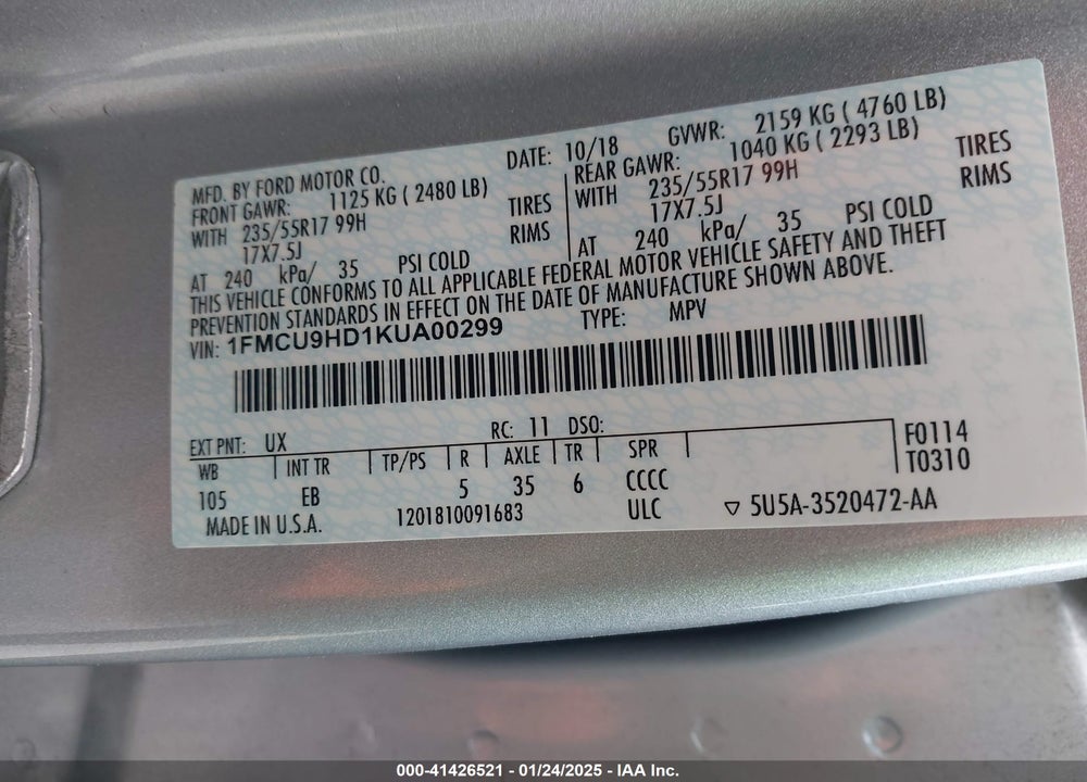 2019 FORD ESCAPE SEL VIN: 1FMCU9HD1KUA00299