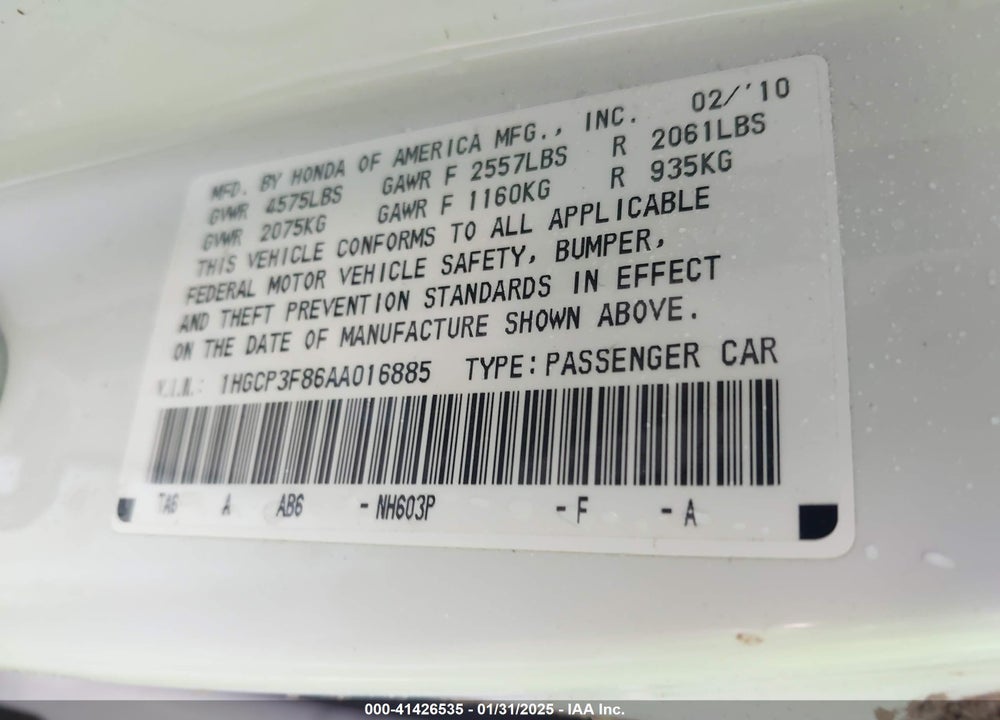 2010 HONDA ACCORD VIN: 1HGCP3F86AA016885