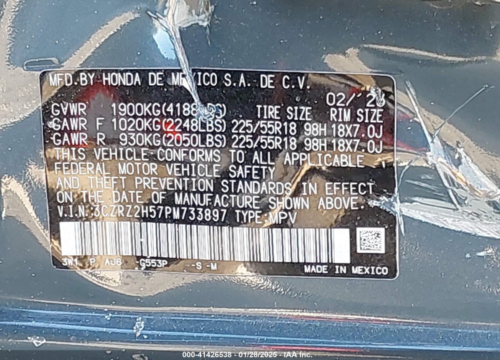 2023 HONDA HR-V VIN: 3CZRZ2H57PM733897