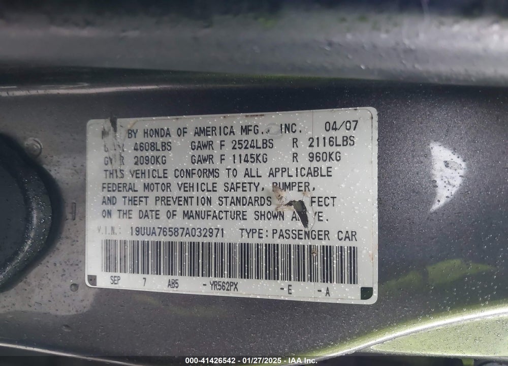 2007 ACURA TL TYPE S VIN: 19UUA76587A032971