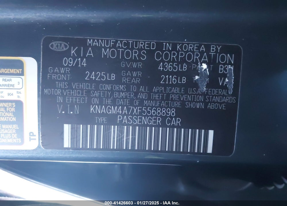 2015 KIA OPTIMA VIN: KNAGM4A7XF5568898