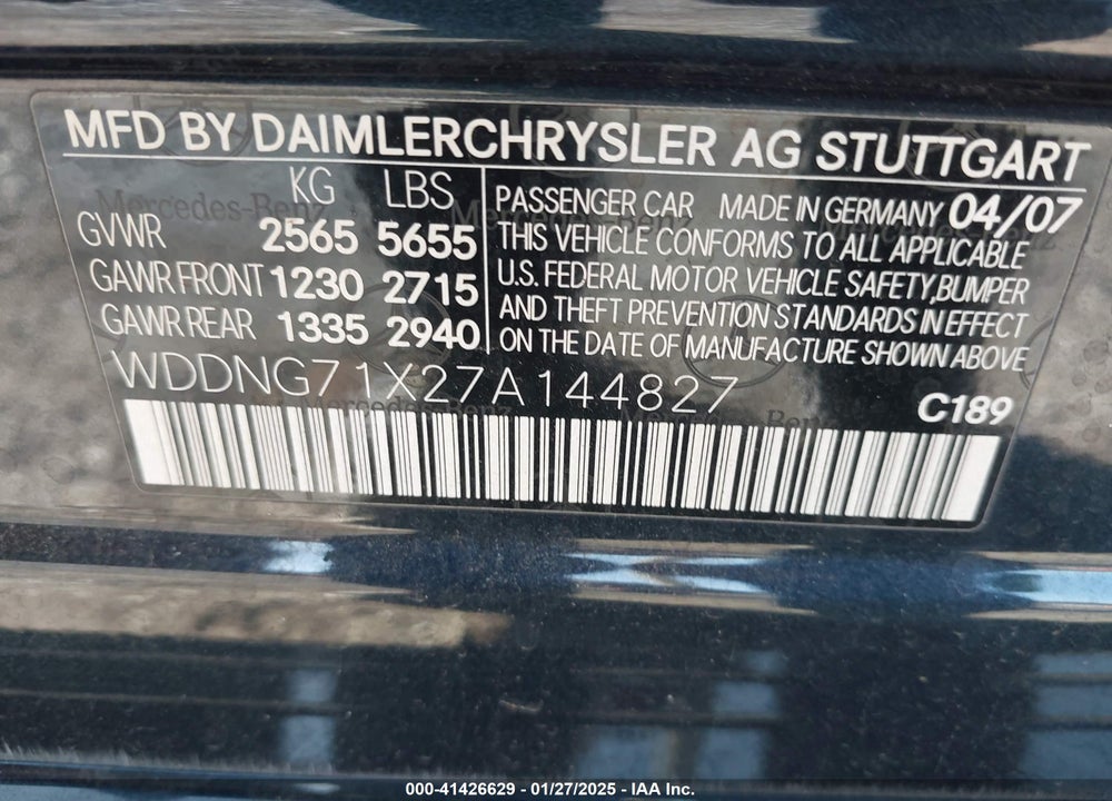 2007 MERCEDES-BENZ S 550 VIN: WDDNG71X27A144827