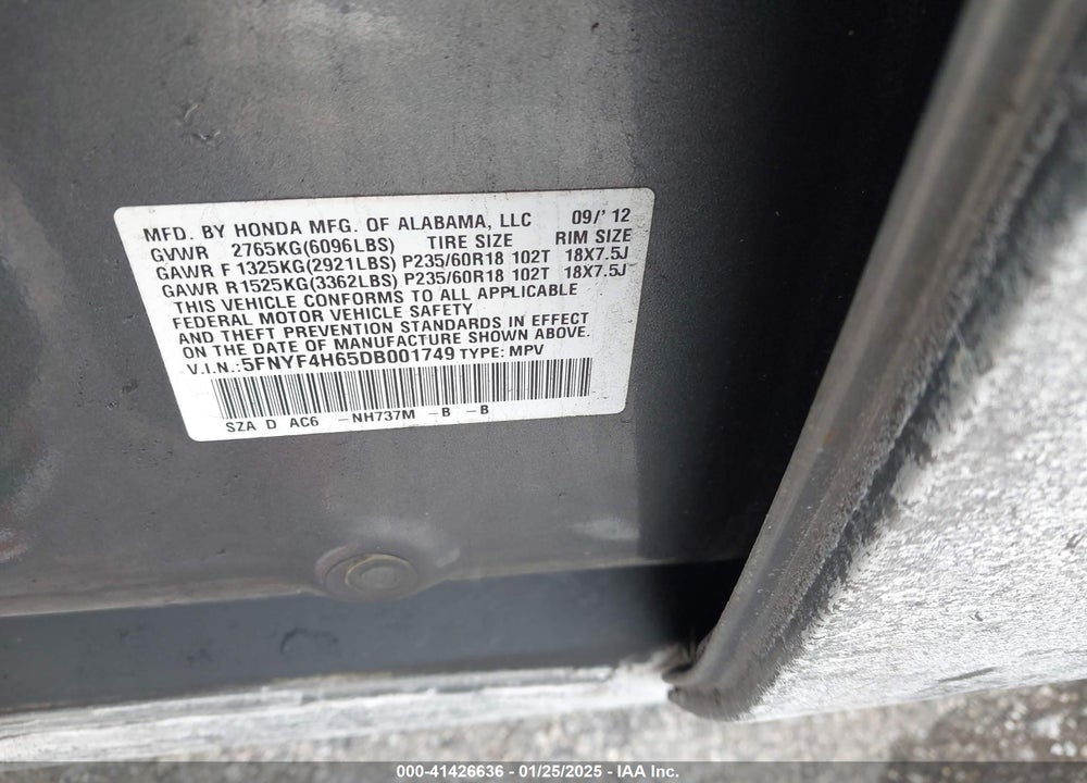 2013 HONDA PILOT EX-L VIN: 5FNYF4H65DB001749