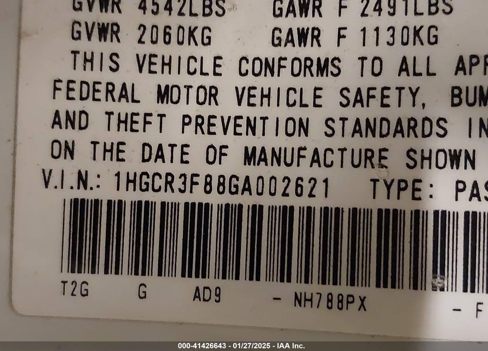 2016 HONDA ACCORD VIN: 1HGCR3F88GA002621