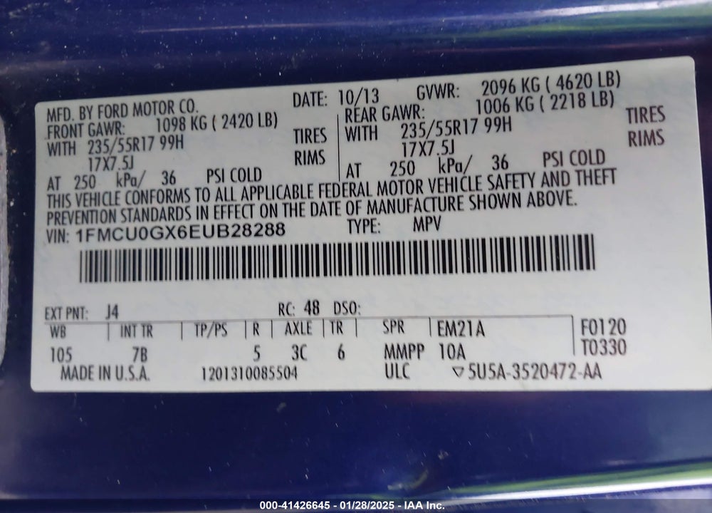 2014 FORD ESCAPE SE VIN: 1FMCU0GX6EUB28288