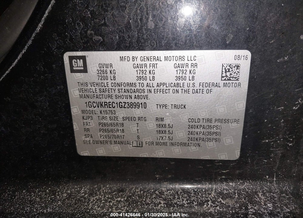 2016 CHEVROLET SILVERADO VIN: 1GCVKREC1GZ389910