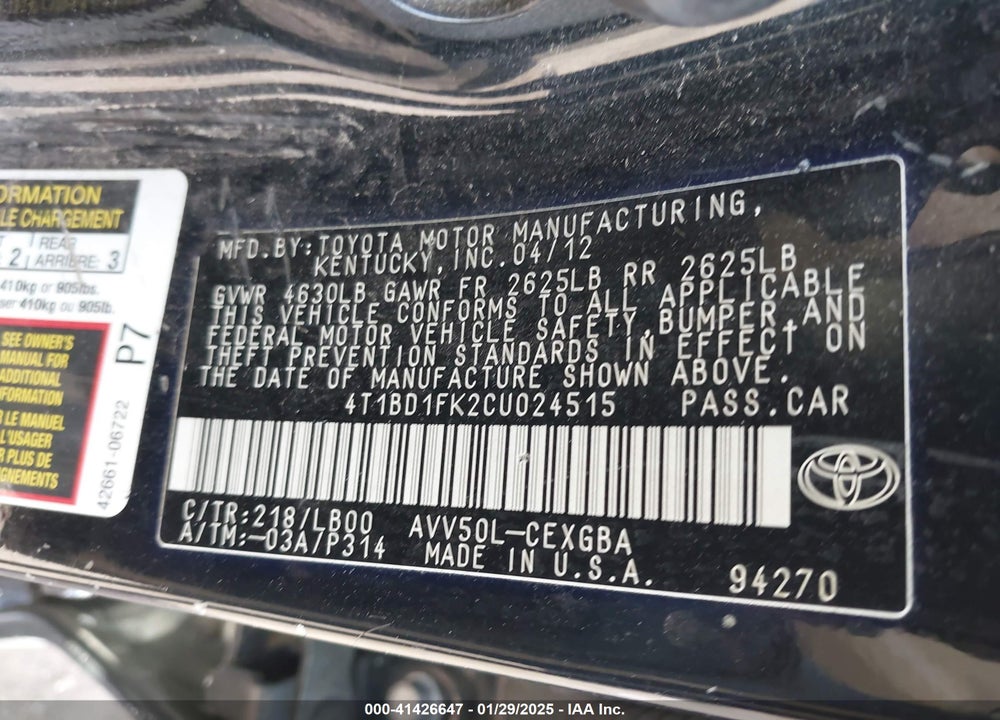 2012 TOYOTA CAMRY HYBRID VIN: 4T1BD1FK2CU024515