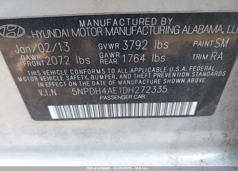 2013 HYUNDAI ELANTRA VIN: 5NPDH4AE1DH272335