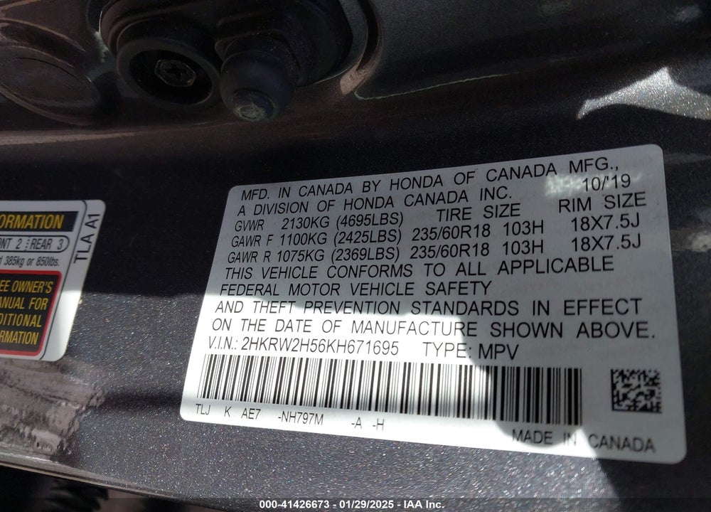 2019 HONDA CR-V EX VIN: 2HKRW2H56KH671695