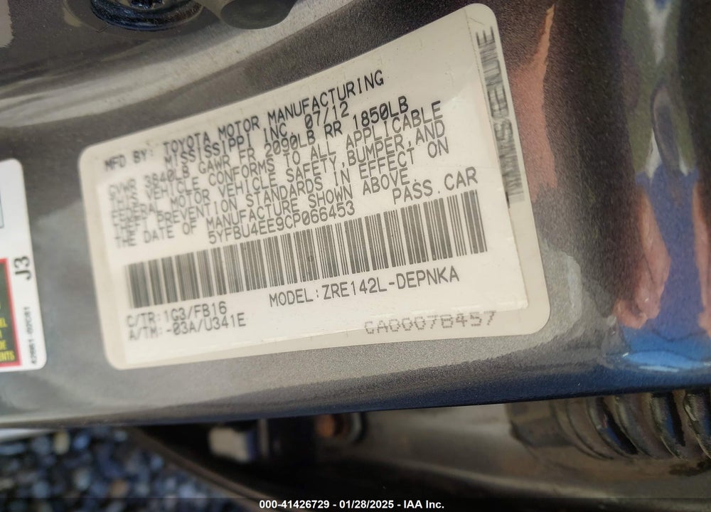 2012 TOYOTA COROLLA VIN: 5YFBU4EE9CP066453