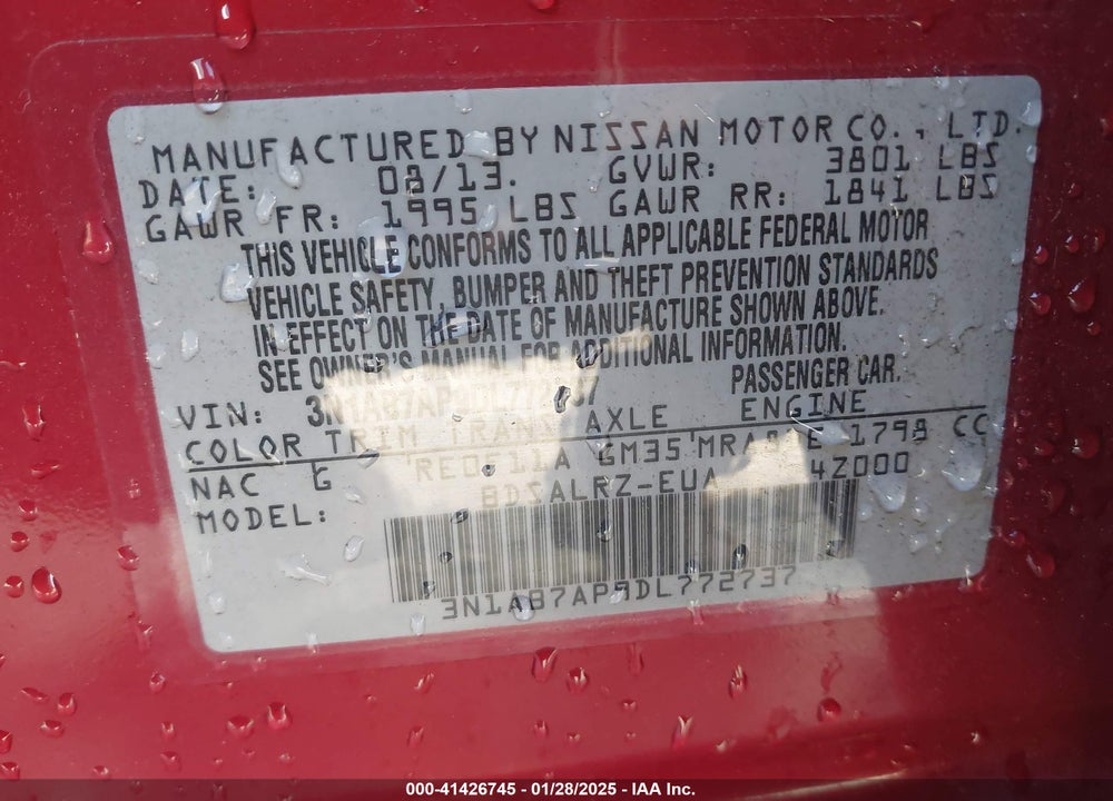 2013 NISSAN SENTRA VIN: 3N1AB7AP9DL772737