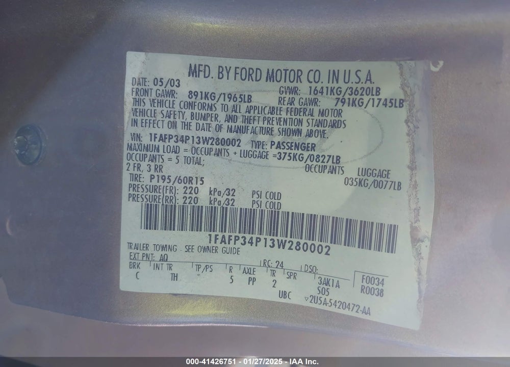 2003 FORD FOCUS SE VIN: 1FAFP34P13W280002