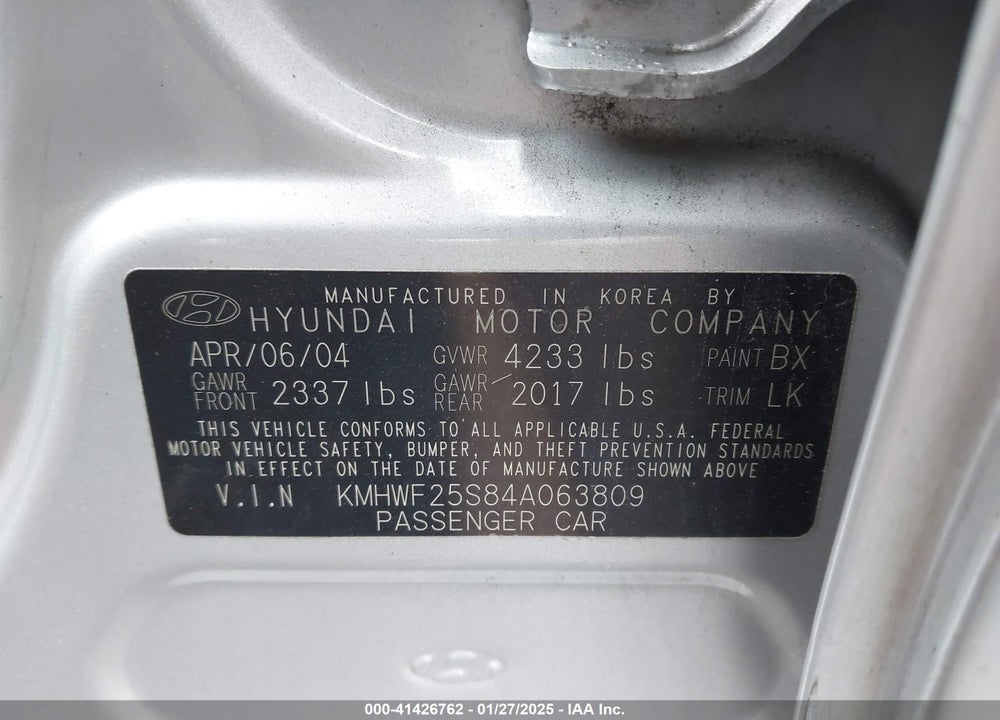 2004 HYUNDAI SONATA VIN: KMHWF25S84A063809