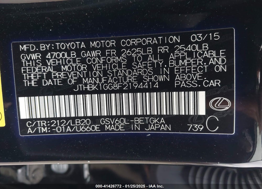 2015 LEXUS ES 350 VIN: JTHBK1GG8F2194414