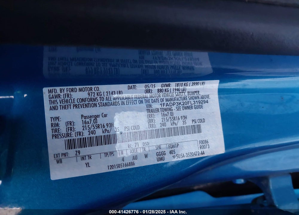 2015 FORD FOCUS VIN: 1FADP3K20FL319294