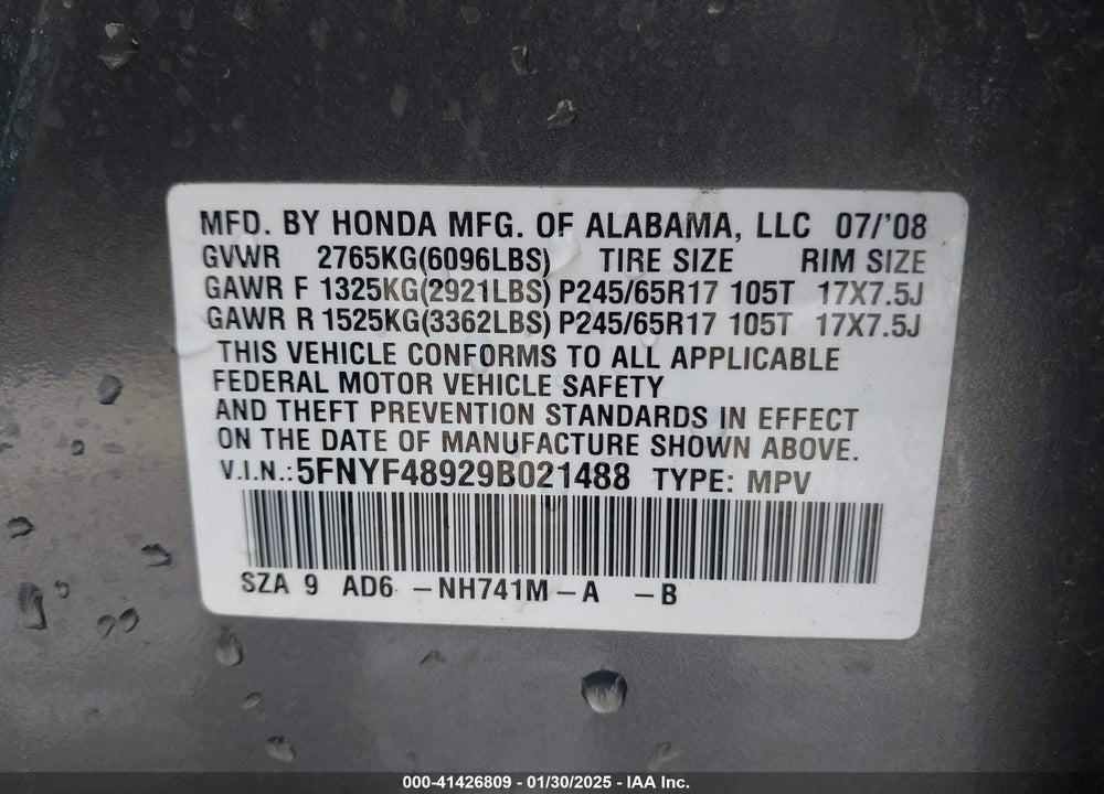 2009 HONDA PILOT TOURING VIN: 5FNYF48929B021488